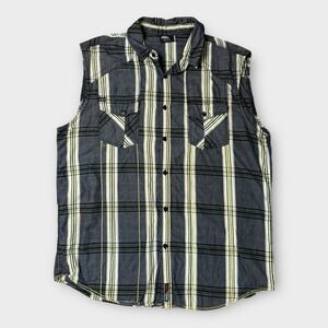 No Fear Mens Sleeveless Plaid Button Down Shirt XL Grey Yellow Skull Detail